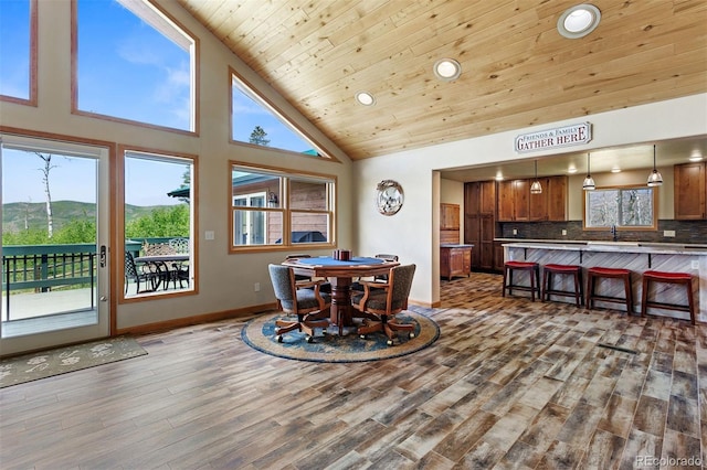 116 County Road 414, Granby, CO 80446 - dining space with recessed lighting, high vaulted ceiling, wood finished floors, and wooden ceiling