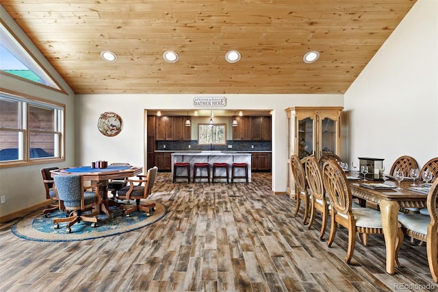 116 County Road 414, Granby, CO 80446 - dining room featuring vaulted ceiling, recessed lighting, wood finished floors, and wood ceiling