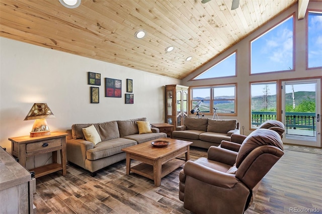 116 County Road 414, Granby, CO 80446 - living area featuring recessed lighting, wood finished floors, wood ceiling, and high vaulted ceiling
