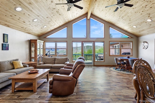 116 County Road 414, Granby, CO 80446 - living area with a ceiling fan, recessed lighting, dark wood finished floors, a wood ceiling with exposed beams, and high vaulted ceiling