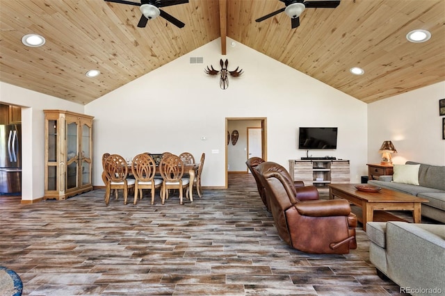 116 County Road 414, Granby, CO 80446 - living room with a ceiling fan, recessed lighting, dark wood-type flooring, wooden ceiling, and high vaulted ceiling