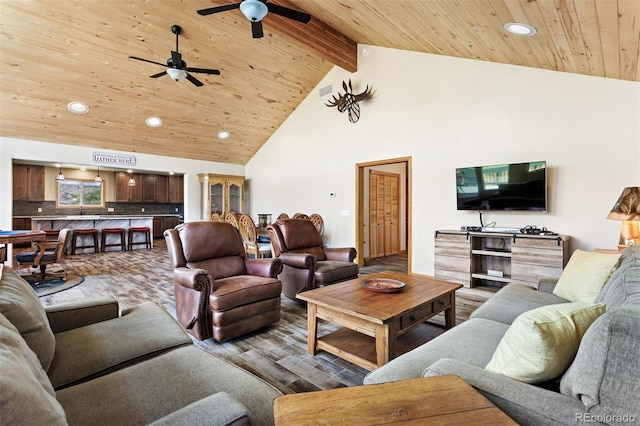 116 County Road 414, Granby, CO 80446 - living area featuring recessed lighting, a wooden ceiling with exposed beams, a ceiling fan, high vaulted ceiling, and wood finished floors