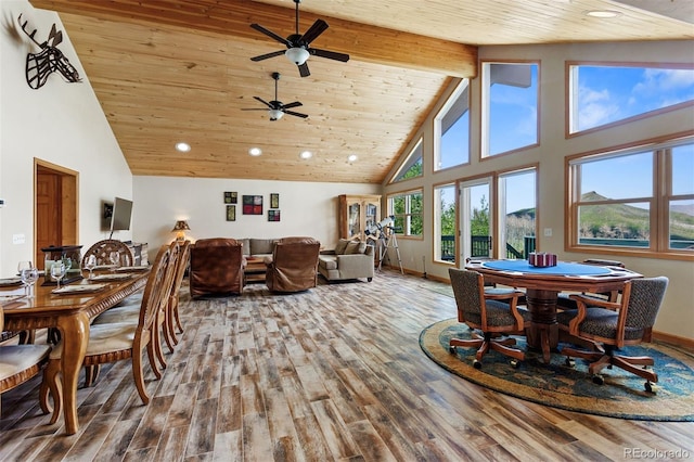 116 County Road 414, Granby, CO 80446 - dining space with high vaulted ceiling, wood finished floors, wood ceiling, ceiling fan, and recessed lighting