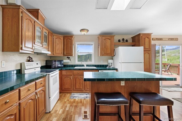 116 County Road 414, Granby, CO 80446 - kitchen featuring white appliances, under cabinet range hood, a kitchen breakfast bar, light wood-style floors, and brown cabinets