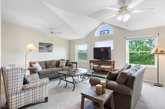 116 County Road 414, Granby, CO 80446 - living room featuring a ceiling fan, light carpet, plenty of natural light, and vaulted ceiling