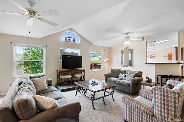 116 County Road 414, Granby, CO 80446 - living room with a ceiling fan, vaulted ceiling, and carpet flooring