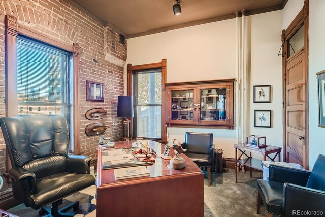 office space with carpet, ornamental molding, and brick wall