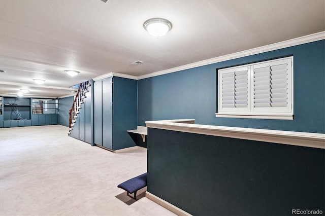 7129 S Marshall St, Littleton, CO 80128 - bar featuring crown molding, carpet floors, and stairway