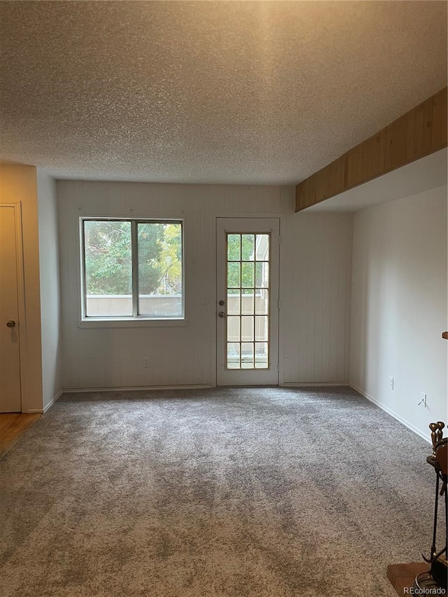 unfurnished room with carpet and a textured ceiling