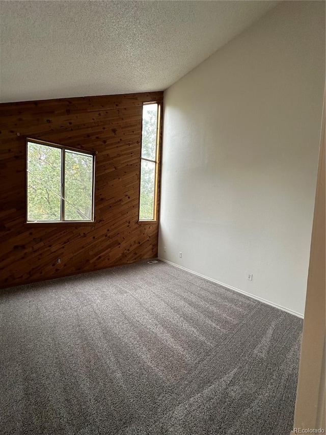 empty room with carpet floors, a textured ceiling, and wooden walls