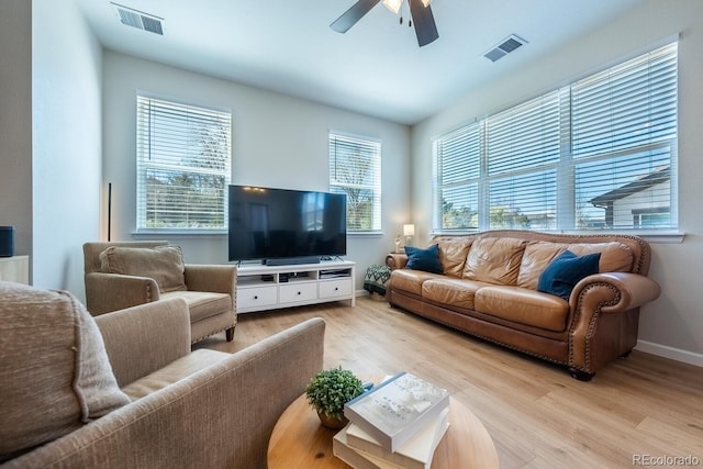living area featuring ceiling fan, baseboards, visible vents, and light wood-style flooring