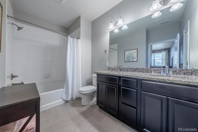 full bath with tile patterned flooring, visible vents, toilet, a sink, and shower / tub combo with curtain