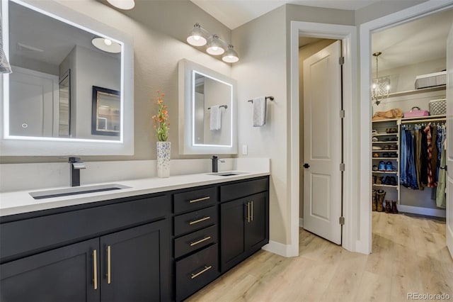 bathroom with double vanity, wood finished floors, and a sink