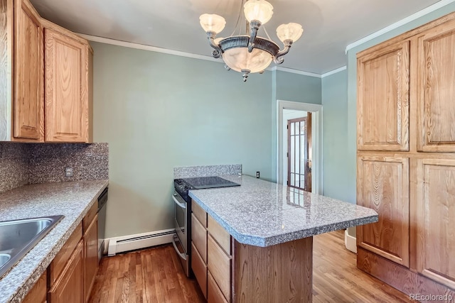 kitchen with light wood-type flooring, electric range, decorative light fixtures, baseboard heating, and a chandelier