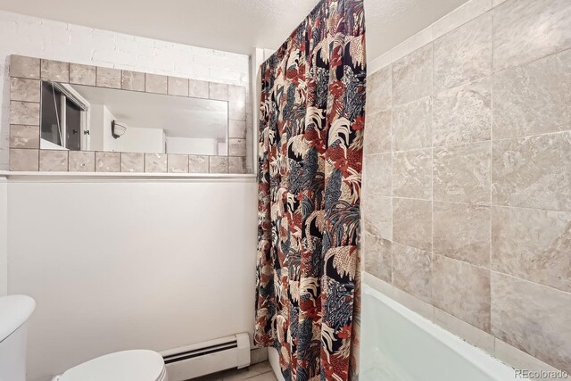 bathroom featuring a baseboard radiator, shower / tub combo with curtain, and toilet