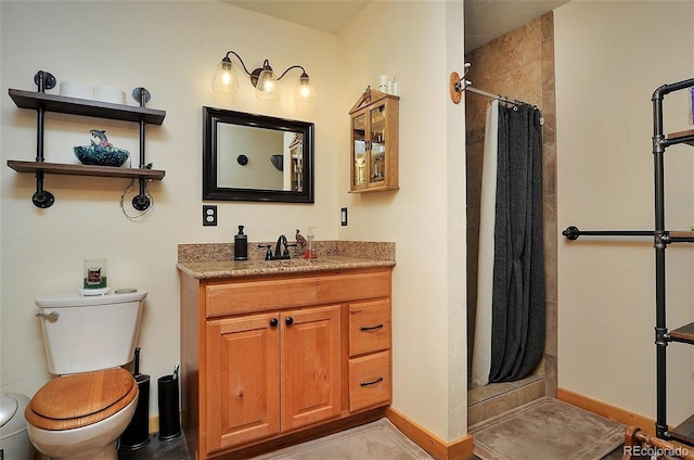 bathroom featuring vanity, toilet, and a shower with shower curtain