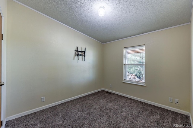39045 Big Springs Rd, Rush, CO 80833 - unfurnished room with crown molding, a textured ceiling, dark carpet, baseboards, and lofted ceiling
