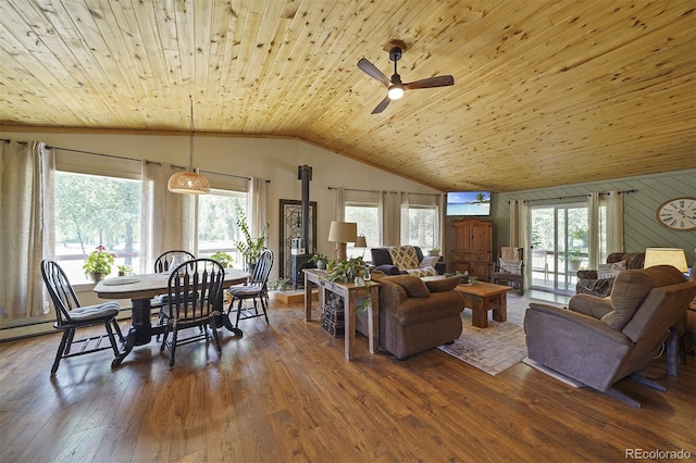 living room featuring lofted ceiling, a wealth of natural light, wood ceiling, and dark hardwood / wood-style flooring