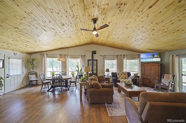 living room featuring wood-type flooring, vaulted ceiling, ceiling fan, and wooden ceiling