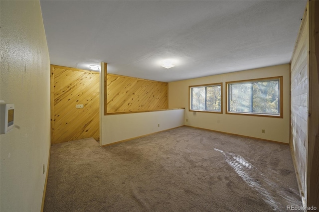 spare room featuring carpet floors and wood walls