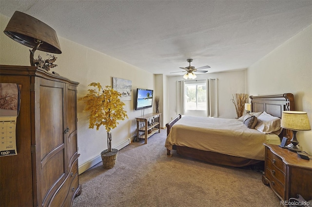 bedroom featuring a textured ceiling, ceiling fan, and carpet flooring