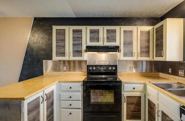 kitchen featuring light countertops, a sink, a peninsula, under cabinet range hood, and black / electric stove