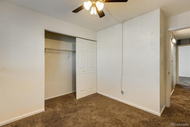unfurnished bedroom with a ceiling fan, carpet floors, baseboards, and a closet
