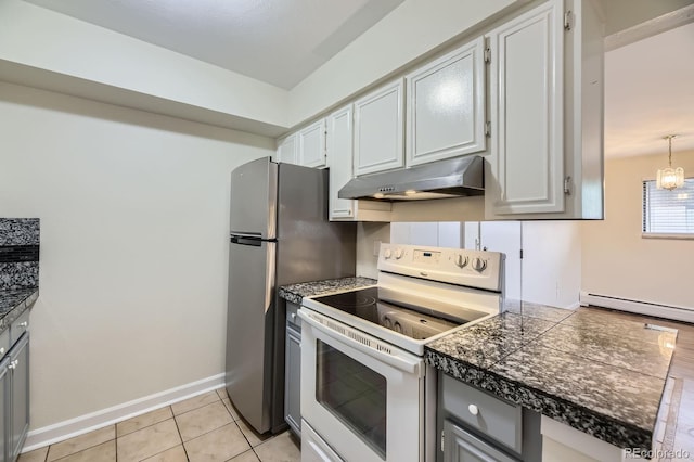 5995 W Hampden Ave Unit 2G, Denver, CO 80227 - kitchen featuring under cabinet range hood, white electric range oven, tile counters, baseboard heating, and baseboards