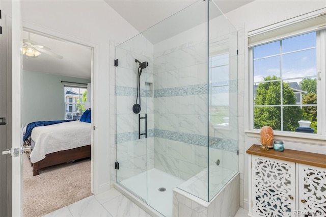 full bath with a stall shower, ensuite bath, and ceiling fan