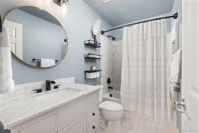 full bathroom featuring shower / bathtub combination with curtain, vanity, and toilet