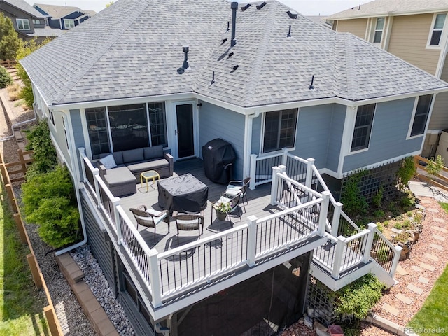 rear view of property with an outdoor hangout area, a shingled roof, and a deck