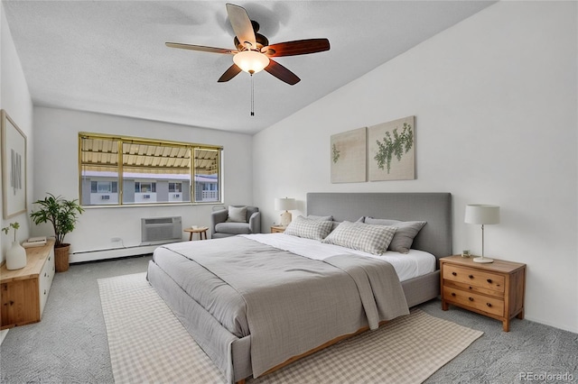 9655 E Center Ave Unit 9D, Denver, CO 80247 - carpeted bedroom featuring a wall mounted air conditioner, lofted ceiling, a ceiling fan, and baseboard heating