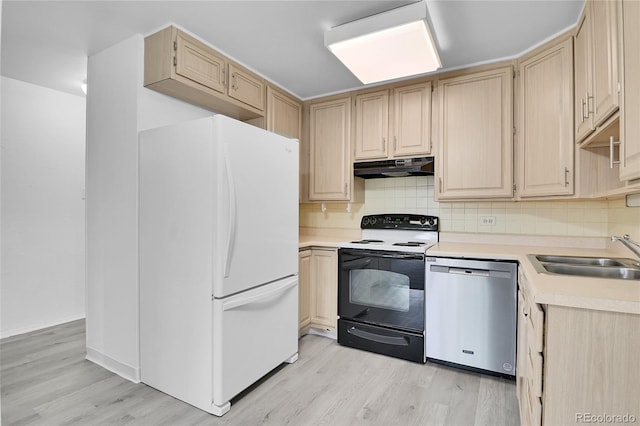 9655 E Center Ave Unit 9D, Denver, CO 80247 - kitchen featuring freestanding refrigerator, black range with electric cooktop, dishwasher, under cabinet range hood, and light wood-style floors