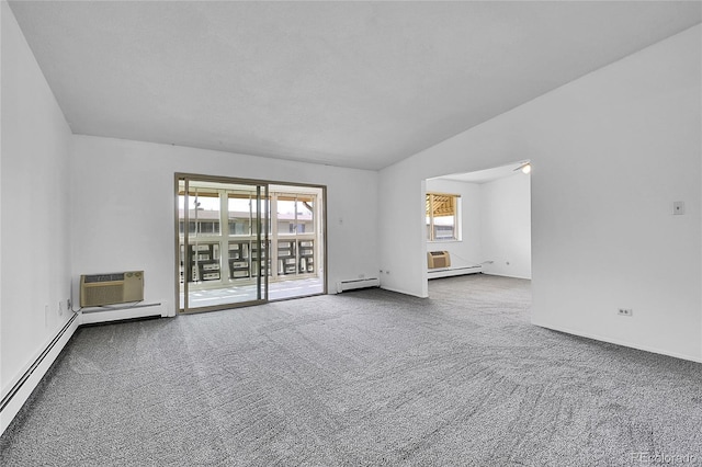 9655 E Center Ave Unit 9D, Denver, CO 80247 - carpeted empty room featuring lofted ceiling, a baseboard heating unit, and a wall unit AC