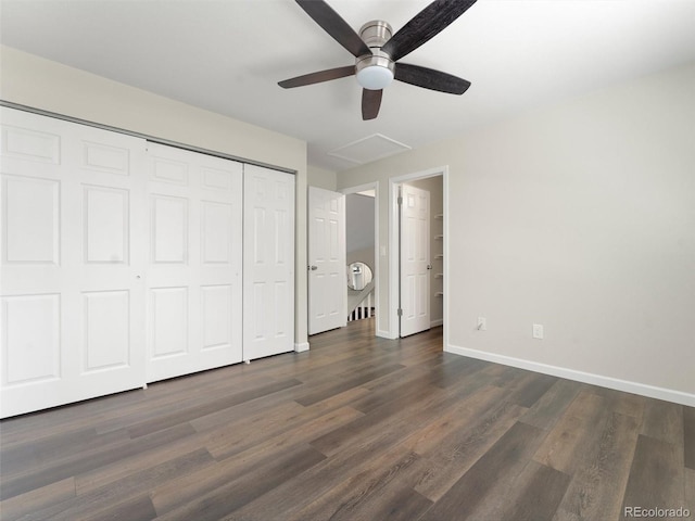 16986 E Piedmont Dr Unit A, Aurora, CO 80015 - unfurnished bedroom with wood finished floors, a closet, ceiling fan, and attic access