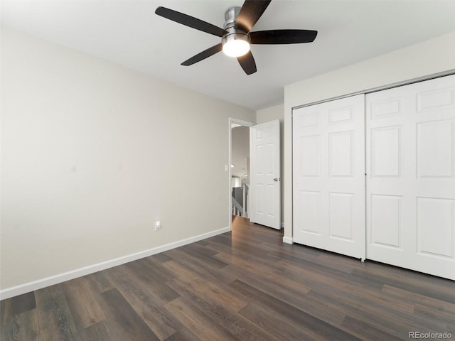16986 E Piedmont Dr Unit A, Aurora, CO 80015 - unfurnished bedroom with dark wood-type flooring, a closet, and ceiling fan