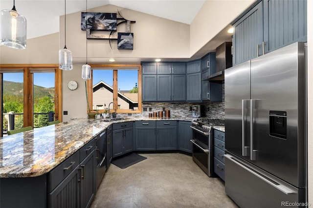 222 Idlewild Dr, Dillon, CO 80435 - kitchen with appliances with stainless steel finishes, wall chimney exhaust hood, light stone countertops, a peninsula, and high vaulted ceiling