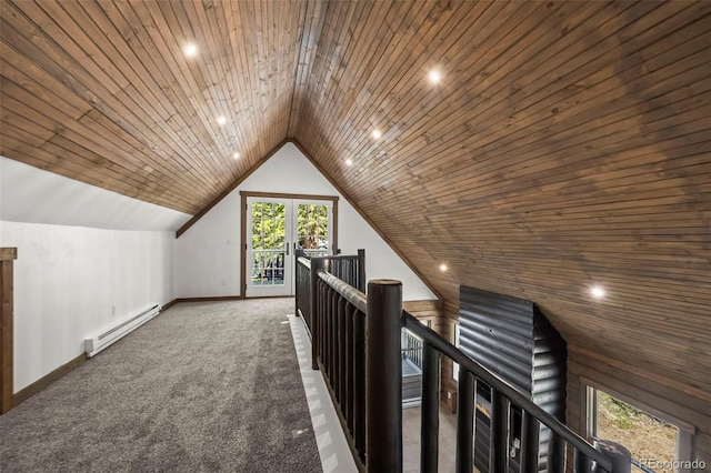 46 Silver Creek Rd, Idaho Springs, CO 80452 - bonus room with a baseboard heating unit, wood ceiling, vaulted ceiling, carpet flooring, and recessed lighting
