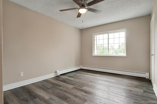 unfurnished room featuring baseboard heating, ceiling fan, dark hardwood / wood-style floors, and a textured ceiling