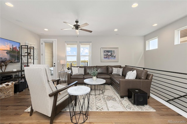 living room with ceiling fan and wood-type flooring