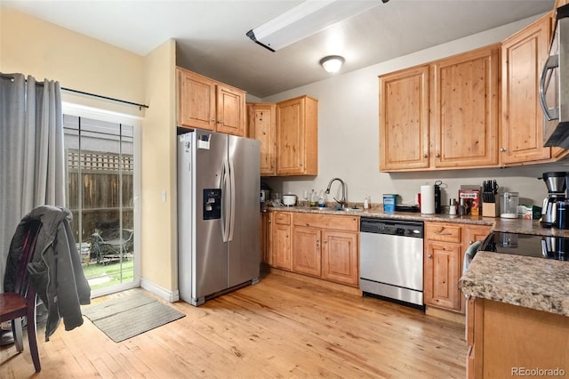 1510 York Rd Unit 101, Colorado Springs, CO 80918 - kitchen featuring appliances with stainless steel finishes, a sink, light wood-type flooring, baseboards, and light brown cabinetry