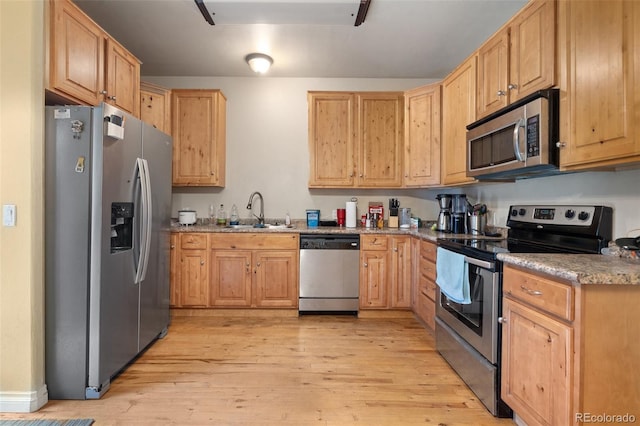 1510 York Rd Unit 101, Colorado Springs, CO 80918 - kitchen with stainless steel appliances, a sink, light wood-style floors, and light brown cabinetry