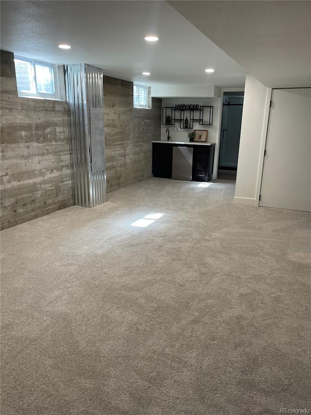 1948 S Zenobia St, Denver, CO 80219 - below grade area featuring carpet floors, recessed lighting, and bar area