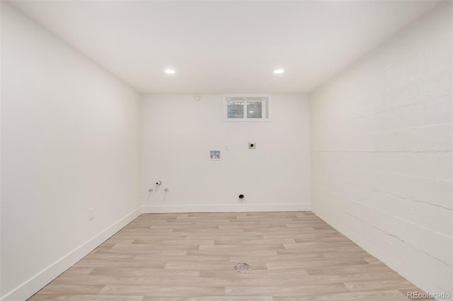 1948 S Zenobia St, Denver, CO 80219 - laundry area featuring hookup for an electric dryer, hookup for a gas dryer, light wood finished floors, recessed lighting, and washer hookup