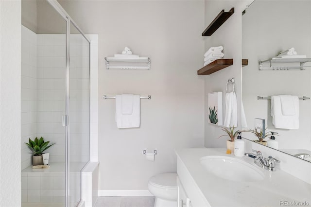 9490 W 14th Ave Unit 3, Lakewood, CO 80215 - bathroom featuring a stall shower, toilet, vanity, baseboards, and tile patterned flooring