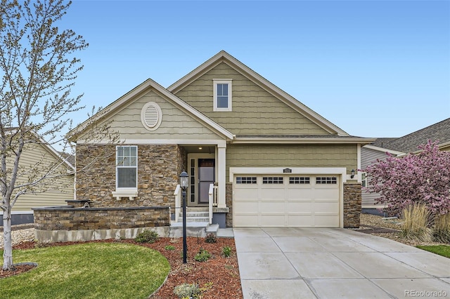 15211 Quince St, Thornton, CO 80602 - craftsman inspired home featuring stone siding, concrete driveway, an attached garage, and a front yard