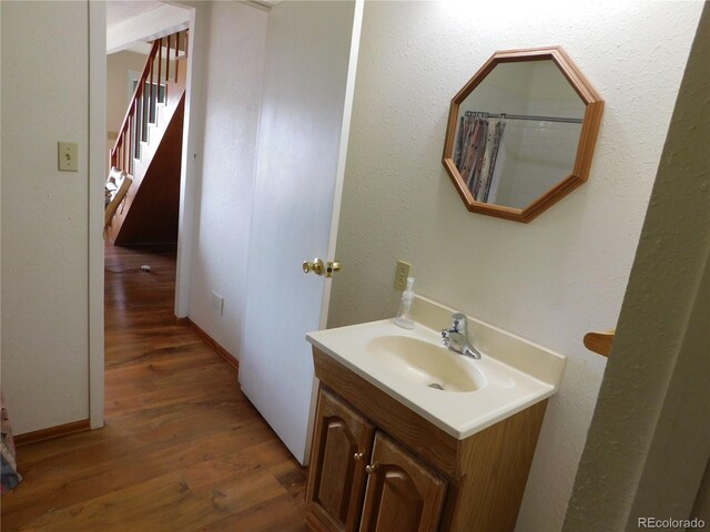 11003 US Highway 160, Del Norte, CO 81132 - bathroom featuring vanity, wood finished floors, and curtained shower