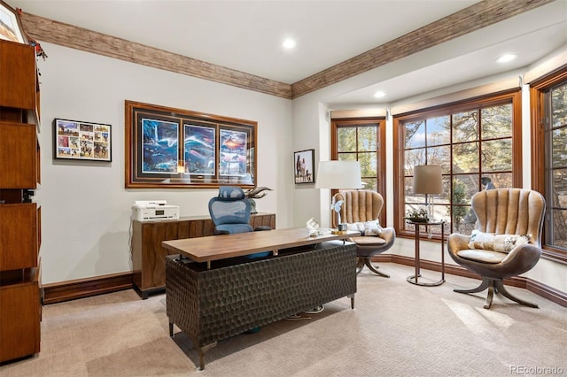 carpeted office space with crown molding