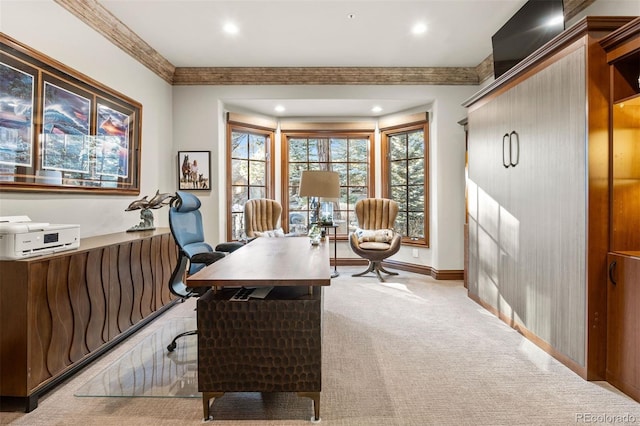 office space featuring crown molding and light colored carpet