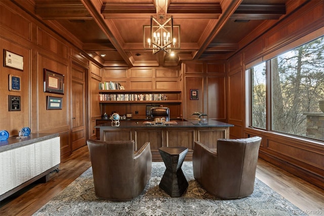 bar featuring pendant lighting, wood ceiling, beam ceiling, wooden walls, and coffered ceiling